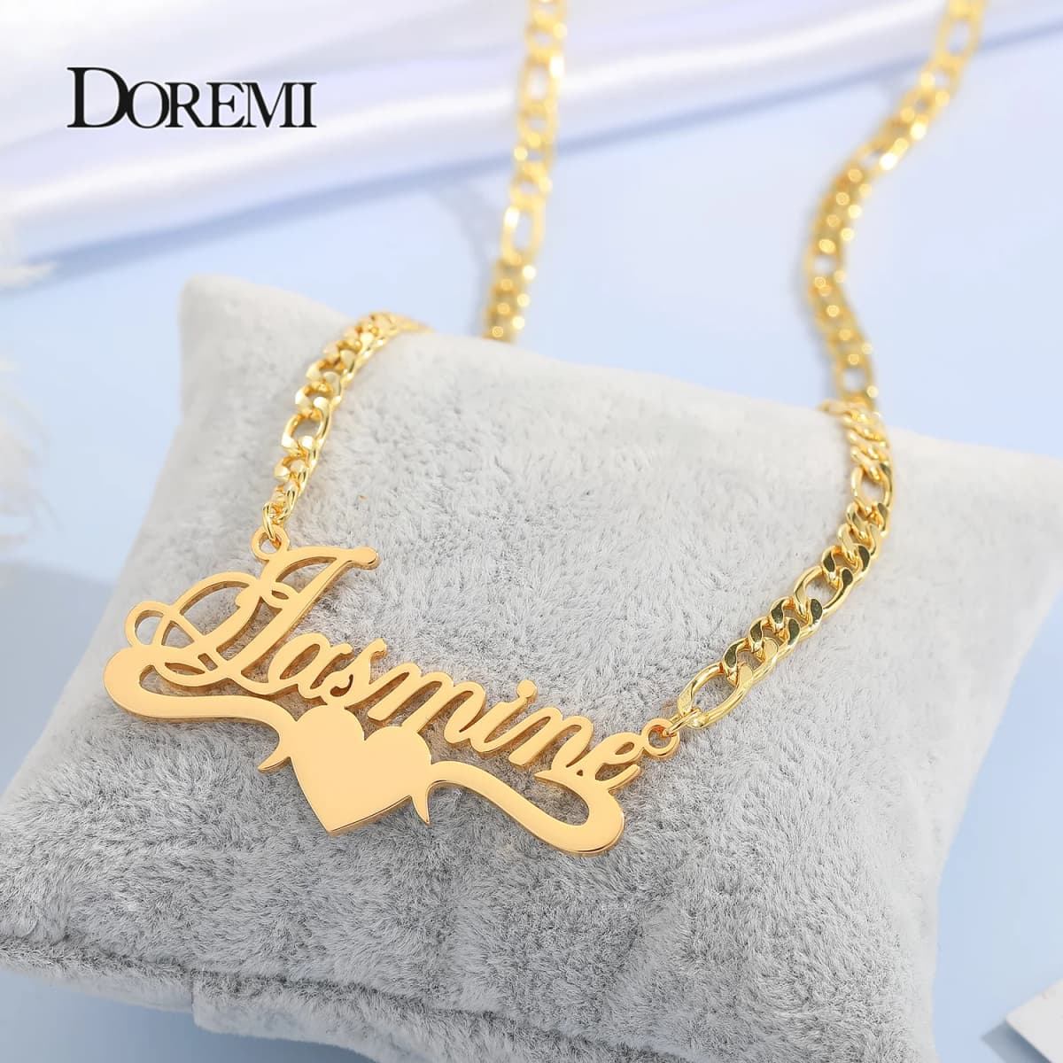 DOREMI 3MM Figaro Personalized Chain Custom Name Necklace with Heart Stainless Customized Nameplate Necklace for Women Numbers