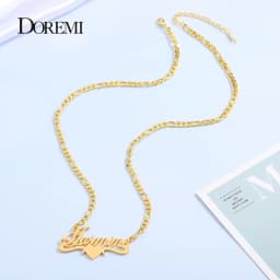 DOREMI 3MM Figaro Personalized Chain Custom Name Necklace with Heart Stainless Customized Nameplate Necklace for Women Numbers