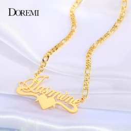 DOREMI 3MM Figaro Personalized Chain Custom Name Necklace with Heart Stainless Customized Nameplate Necklace for Women Numbers