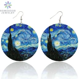 SOMESOOR Van Gogh Self Portrait Artistic Printed Wooden Drop Earrings Starry Night Sunflower Loops Dangle Jewelry For Women Gift