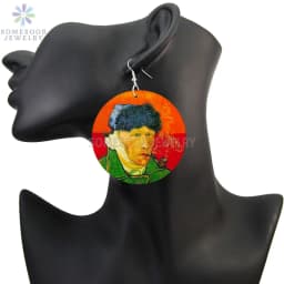 SOMESOOR Van Gogh Self Portrait Artistic Printed Wooden Drop Earrings Starry Night Sunflower Loops Dangle Jewelry For Women Gift