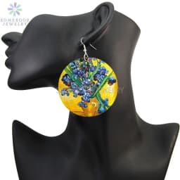 SOMESOOR Van Gogh Self Portrait Artistic Printed Wooden Drop Earrings Starry Night Sunflower Loops Dangle Jewelry For Women Gift