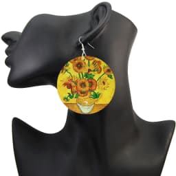 SOMESOOR Van Gogh Self Portrait Artistic Printed Wooden Drop Earrings Starry Night Sunflower Loops Dangle Jewelry For Women Gift