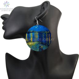 SOMESOOR Van Gogh Self Portrait Artistic Printed Wooden Drop Earrings Starry Night Sunflower Loops Dangle Jewelry For Women Gift