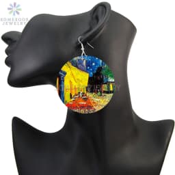 SOMESOOR Van Gogh Self Portrait Artistic Printed Wooden Drop Earrings Starry Night Sunflower Loops Dangle Jewelry For Women Gift