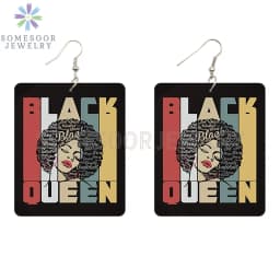 SOMESOOR God Say I Am Black Queen Wooden Drop Earrings For Women Melanin Poppin Unique Afro Girl Curly Rectangle Dangle Jewelry