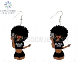 SOMESOOR God Say I Am Black Queen Wooden Drop Earrings For Women Melanin Poppin Unique Afro Girl Curly Rectangle Dangle Jewelry