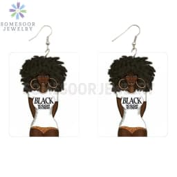 SOMESOOR God Say I Am Black Queen Wooden Drop Earrings For Women Melanin Poppin Unique Afro Girl Curly Rectangle Dangle Jewelry