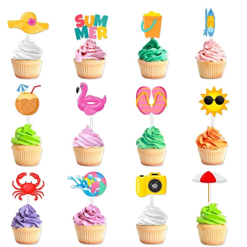 12pcs Summer Beach Hawaii Cupcake Toppers Sun Umbrella ball Cake Toppers Hawaiian Pool Theme Birthday Party Cake Decorations One