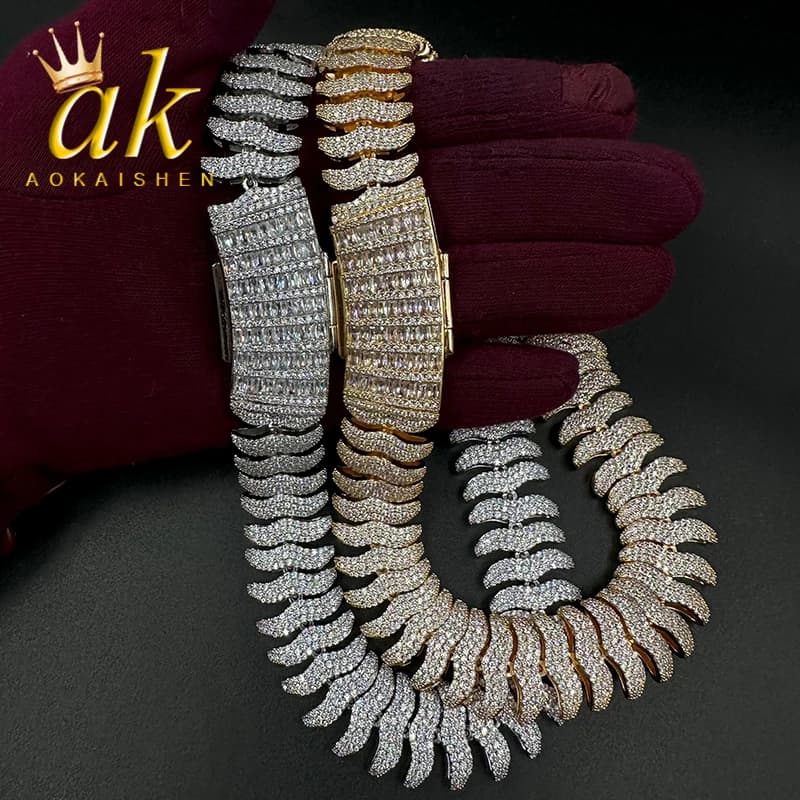 Aokaishen Centipede Cuban Link Chain for Men Real Copper Cubic Zirconia Prong Setting Hip Hop Jewelry Stainless Steel