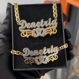 Personalized 3D Nameplate Set Name Necklace Custom Stainless Steel 3D Birthstone Bracelet Necklace Set Two-Tone Chain For Women