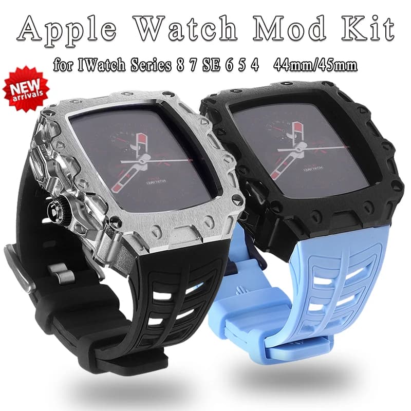 Luxury Modification Kit for Apple Watch Band 44mm 45mm Metal Zinc Alloy Case Cover Silicone Strap for IWatch Series 9 8 7 6 5 SE
