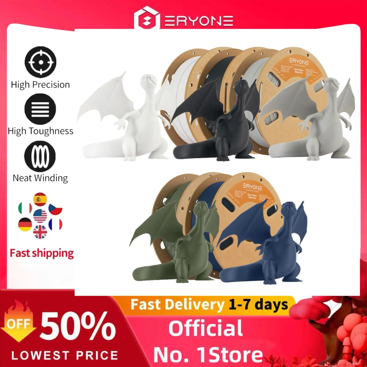 ERYONE 5KG High-Speed Matte PLA 3D Printer Filament Premium Finish, Fast Printing,For Display Models Prototypes