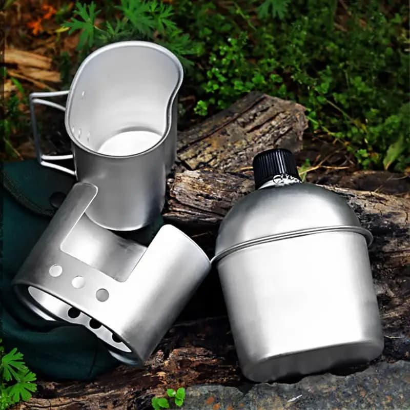 4PCS Canteen Water Bottle Cookware Set Outdoor Camping Aluminum Canteen Cup Wood Stove Set With Cover Bag For Hiking Backpacking
