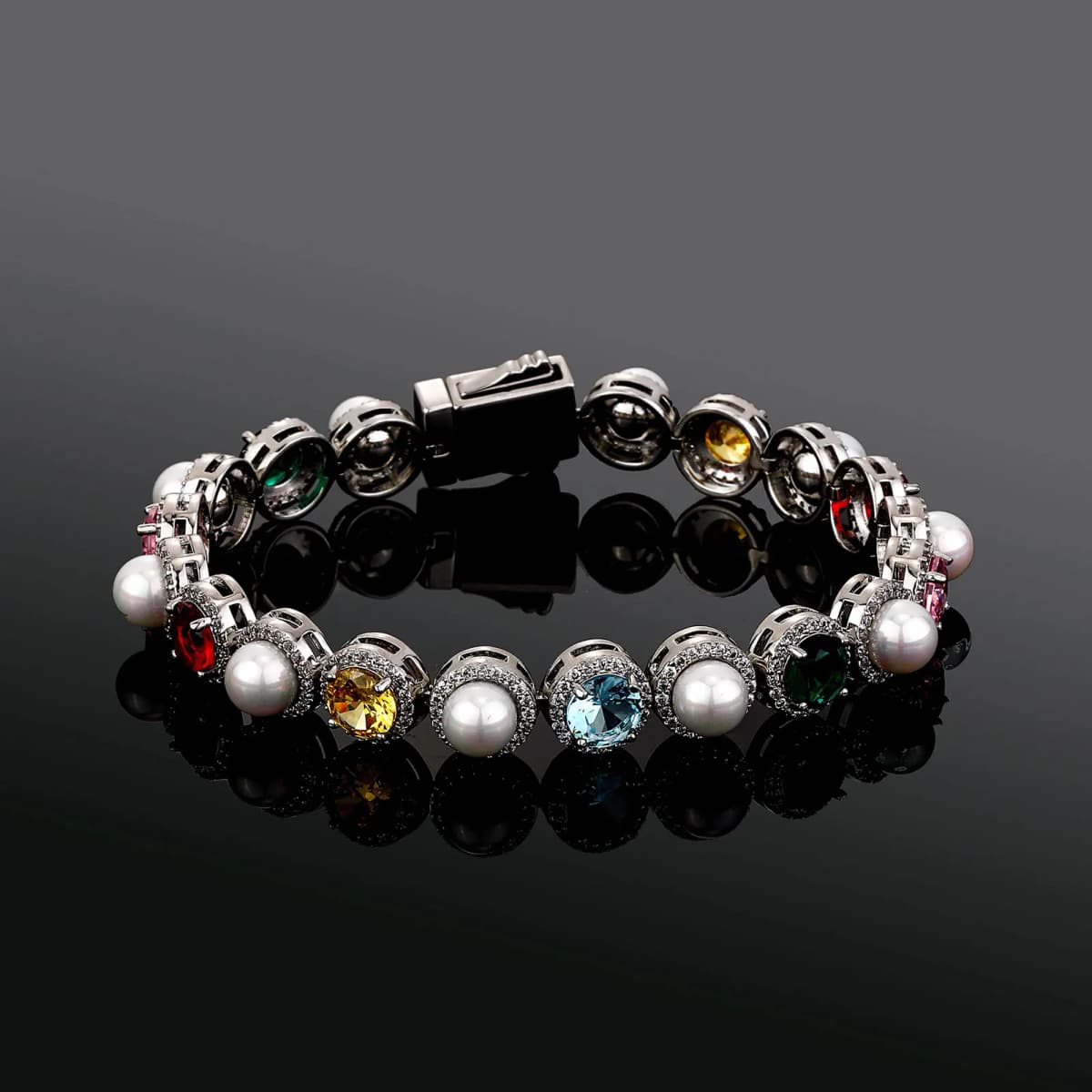 JINAO New 10MM Round Pearl Large Colourful CZ Stone Iced Out Bracelet Link Spring Clasp Hip Hop style Chain Men Jewelry For Gift