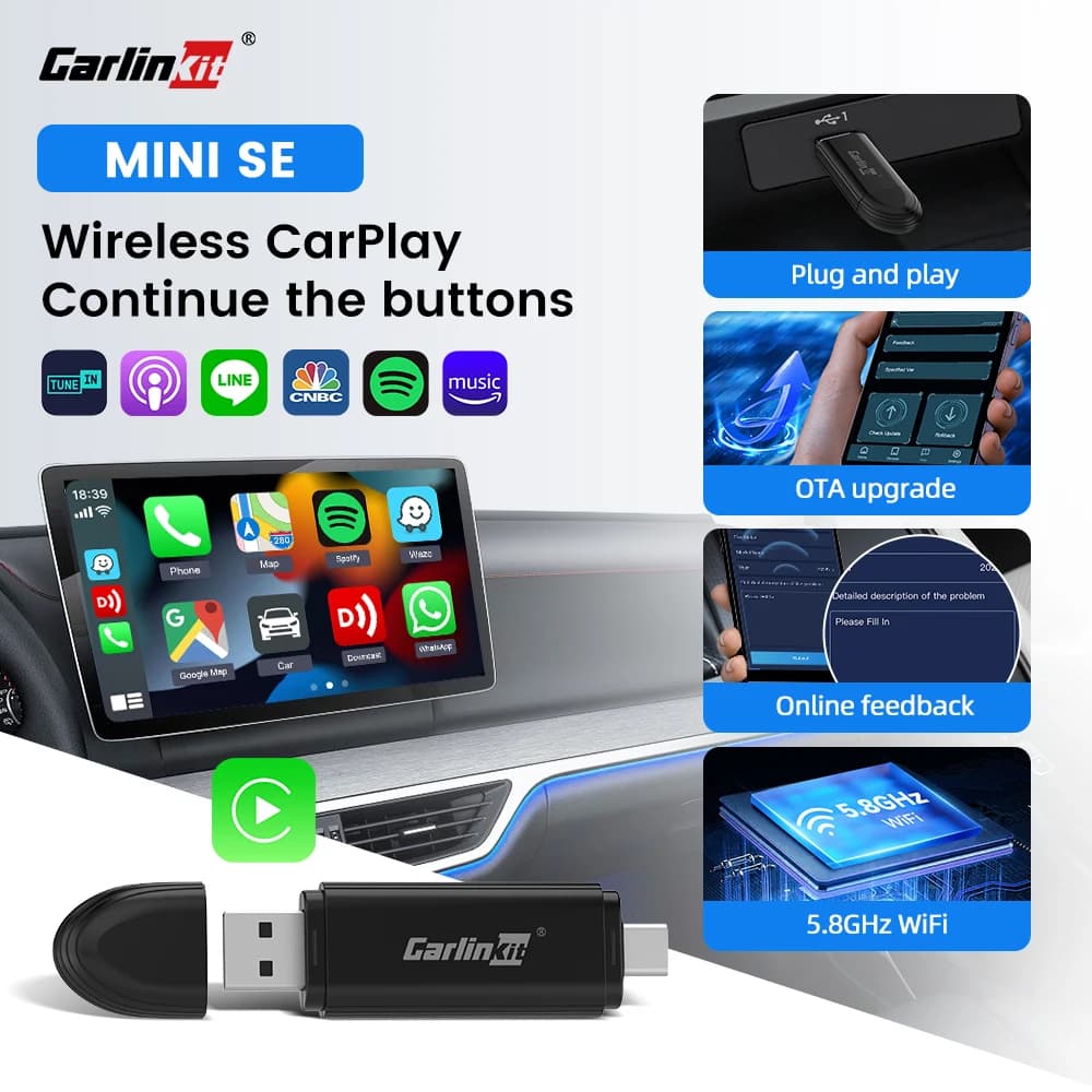 Carlinkit Wireless Carplay Adapter Non-Inductive Connection Wired To Wireless Car Play USB Dongle Nissan Benz Audi Mazda Peugeot