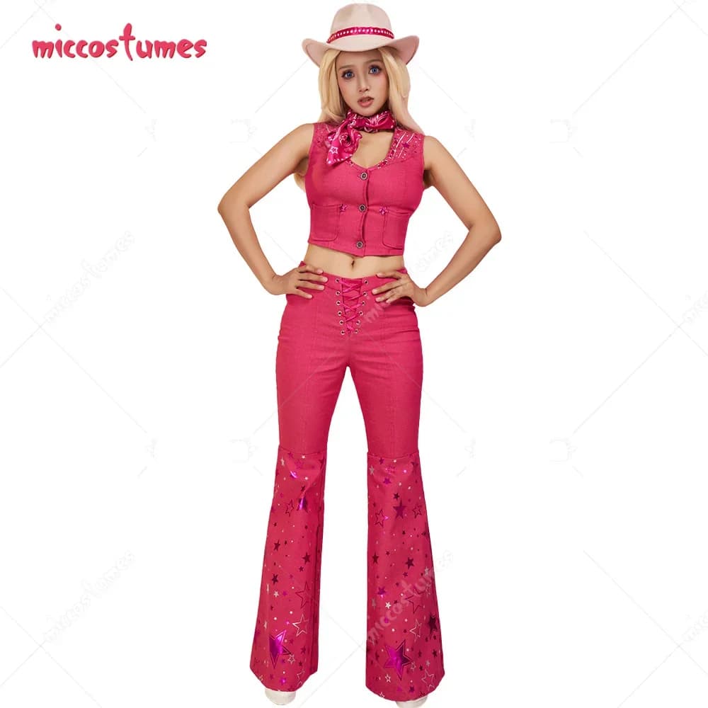 Miccostumes Women's Doll Cosplay Costume Pink Western Outfit Vest Pants with Cowboy Hat Scarf Ear Clips
