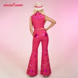 Miccostumes Women's Doll Cosplay Costume Pink Western Outfit Vest Pants with Cowboy Hat Scarf Ear Clips