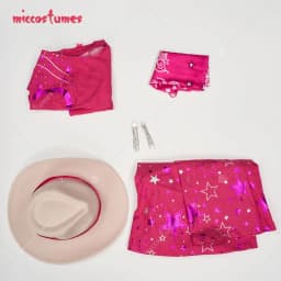 Miccostumes Women's Doll Cosplay Costume Pink Western Outfit Vest Pants with Cowboy Hat Scarf Ear Clips