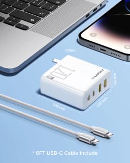 PISEN 120W GaNUSB C Charger comes with a 6-foot USB-C to C cable for MacBook Pro/Air, Pixelbook, iPad, iPhone series, Samsung