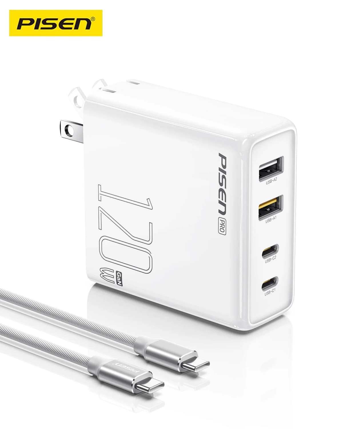 PISEN 120W GaNUSB C Charger comes with a 6-foot USB-C to C cable for MacBook Pro/Air, Pixelbook, iPad, iPhone series, Samsung