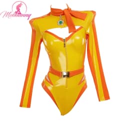 USA Stock MOBBUNNY Women Princess Derivative Lingerie Set Racing Suit Striped Cutout Bodysuit with Belt Gloves Cosplay Costume