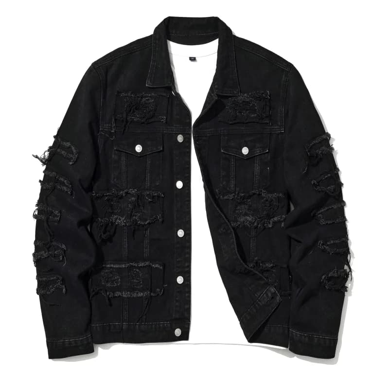 Men's High Street Destroyed Jeans Jacket With Patchwork Fashion Streetwear Ripped Denim Coat For Male Distressed Outerwear