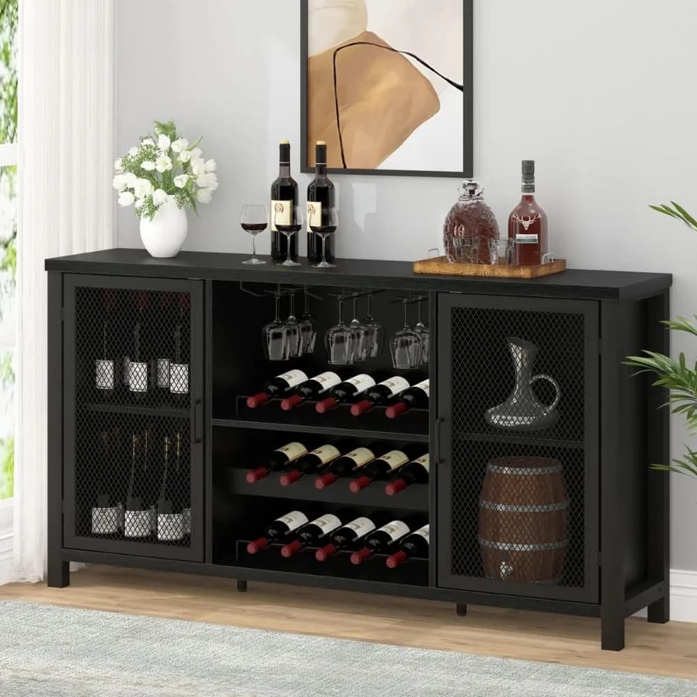Black Coffee Bar and Liquor Cabinet With Wine Rack Storage, Industrial Kitchen Buffet for Home Living Dining Room, Black Oak, 5