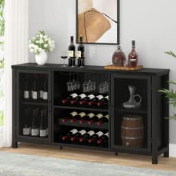 Black Coffee Bar and Liquor Cabinet With Wine Rack Storage, Industrial Kitchen Buffet for Home Living Dining Room, Black Oak, 5