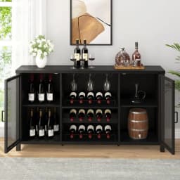 Black Coffee Bar and Liquor Cabinet With Wine Rack Storage, Industrial Kitchen Buffet for Home Living Dining Room, Black Oak, 5