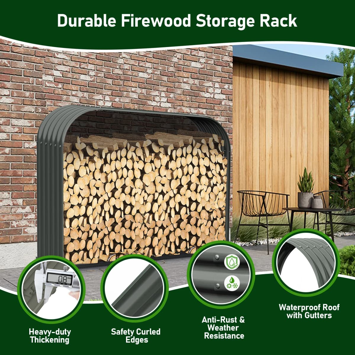 Galvanized Steel Firewood Storage Shed Outdoor Corrugated Metal Log Rack, Heavy Duty Log holder Lumber Storage Stand