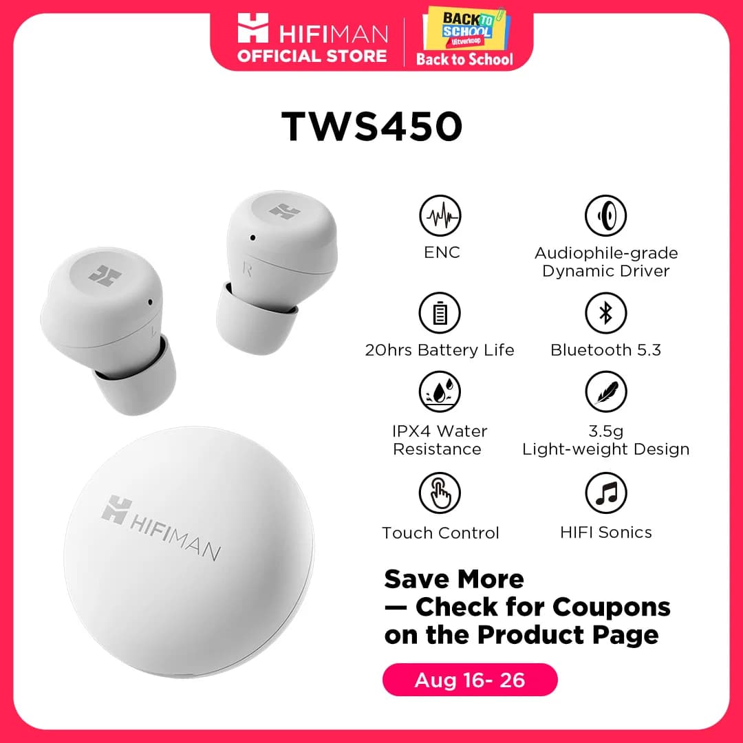 HIFIMAN TWS450 True Wireless Stereo Headset with Environmental Noise Cancellation & Audiophile-grade Dynamic Driver