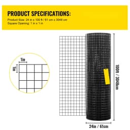 SucceBuy Welded Wire Fence Vinyl Coated Chicken Rabbit Mesh 1"x1" 16 Gauge 24"x50'/24"x100'/36"x50' Black Hardware Cloth & Mesh