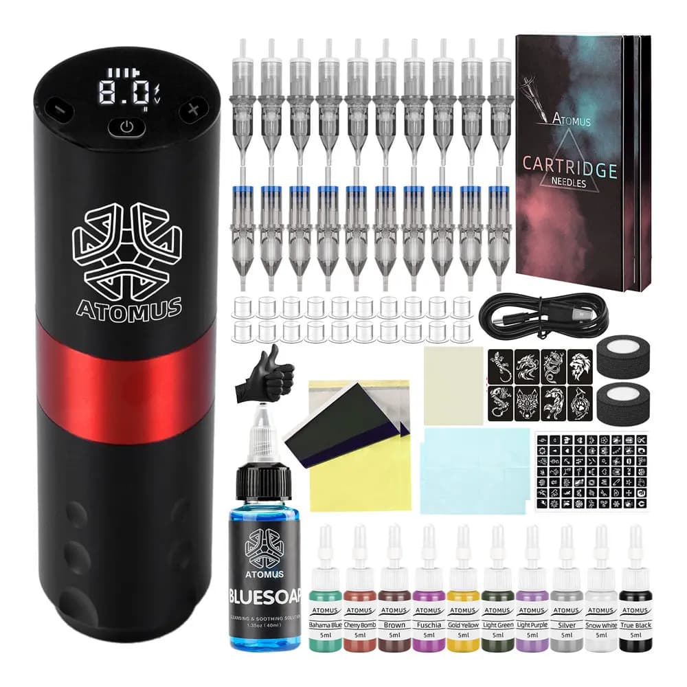 Complete Wireless Tattoo Gun Kit 20pcs Cartridge Needles Ink Rotary Tattoo Pen 1600mAh Battery Digital Portable Cordless Motor