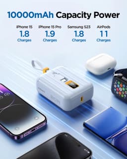 PISEN 30W Mini Power Bank 10000mAh, Small And Portable, With Dual Wires, Compatible With Type-C And Lightning Interface Devices