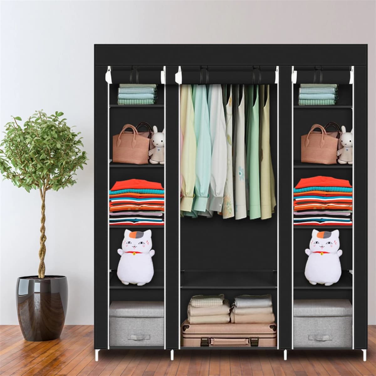 69" Portable Clothes Closet Wardrobe Storage Organizer with Non-Woven Fabric Quick Assemble Extra Strong Durable Black