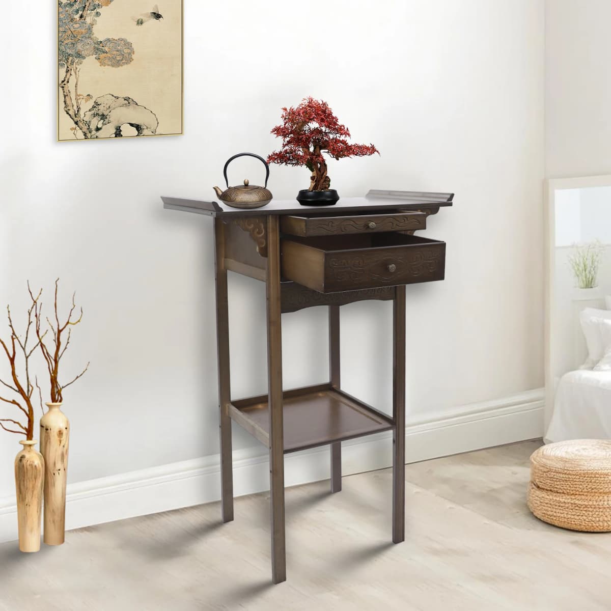 Retro Appearance Altar Table with Drawers Storage Meditation Table Strong Load Bearing Capacity