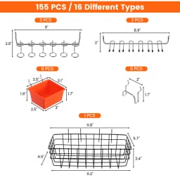 ENJOYWOOD 155pcs/set Pegboard Hooks Kit Peg Board Accessories Organizer Kit with Various Hooks,Bins,Baskets Wall Hanging Tool