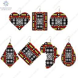 SOMESOOR 7 Shapes African Fabric Print Wooden Drop Earrings Wholesale Fashioin Ethnic Geometric Dangle Jewelry For Women Gifts