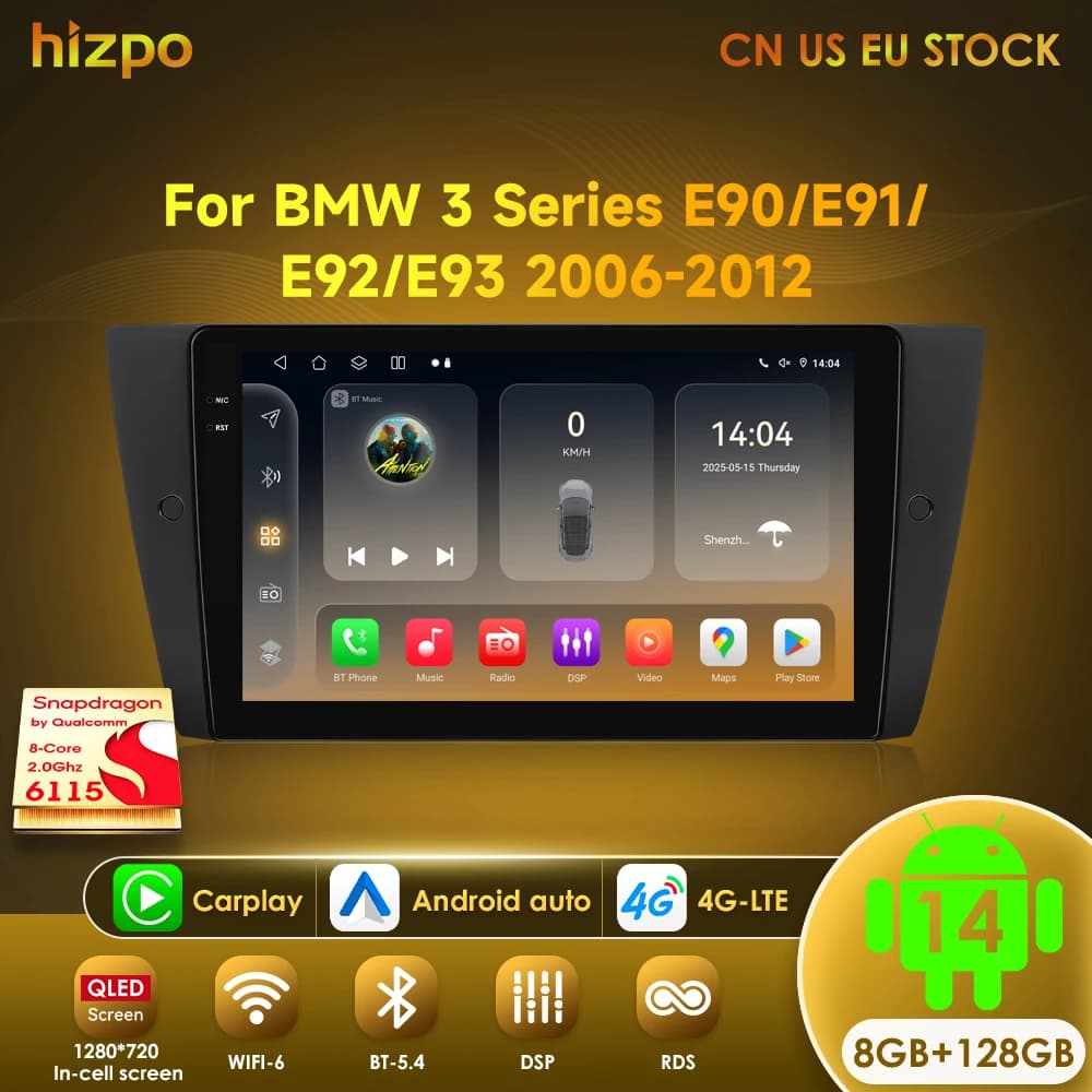 Hizpo Car Android 14 Multimedia Radio Player for BMW 3 Series E90 E91 E92 E93 2006-2012 GPS Navigation Stereo Audio Head Unit