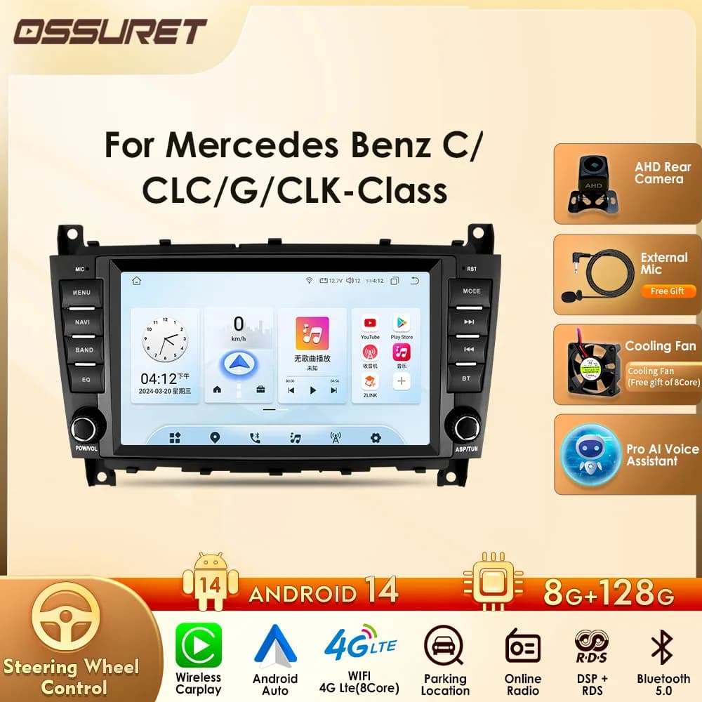 8 Core 8" Carplay Android 13 for Mercedes Benz W203 W209 Autoradio Multimedia Player Audio Stereo AI Voice GPS Navi BT SWC RDS