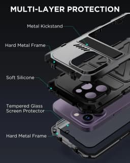 for iPhone 15 14 Pro Max Case Metal Military-Grade Built-in Kickstand & 9H Screen Protector Protective Rugged Heavy Duty Case