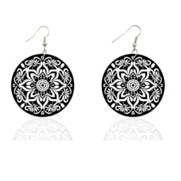Vintage 5cm Small Round Wooden Drop Earrings Bohemian Flower Black White Prints Afro Ethnic Loops Dangle Jewelry For Women Gifts
