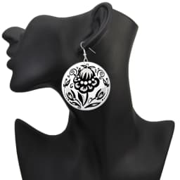 Vintage 5cm Small Round Wooden Drop Earrings Bohemian Flower Black White Prints Afro Ethnic Loops Dangle Jewelry For Women Gifts