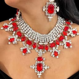 Stonefans Red Square Earrings Necklace Sets Crystal Hanging for Women Vintage Trending Geometric Accessories Girls Jewelry Party
