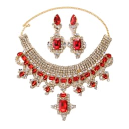 Stonefans Red Square Earrings Necklace Sets Crystal Hanging for Women Vintage Trending Geometric Accessories Girls Jewelry Party