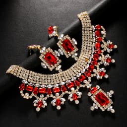 Stonefans Red Square Earrings Necklace Sets Crystal Hanging for Women Vintage Trending Geometric Accessories Girls Jewelry Party