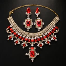 Stonefans Red Square Earrings Necklace Sets Crystal Hanging for Women Vintage Trending Geometric Accessories Girls Jewelry Party