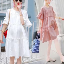 Maternity Cotton Solid Chiffon Cake Dress For Summer New Fresh Fairy Pregnancy Clothes V-Neck Knee-Length Pregnant Dress