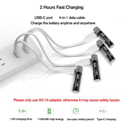 Kuugro 1.5V AAA USB Li-ion Rechargeable Battery Aaa 1.5V 1100mWh Lithium Batteries with 4-in-1 Cable for Toys Camera Flashlight